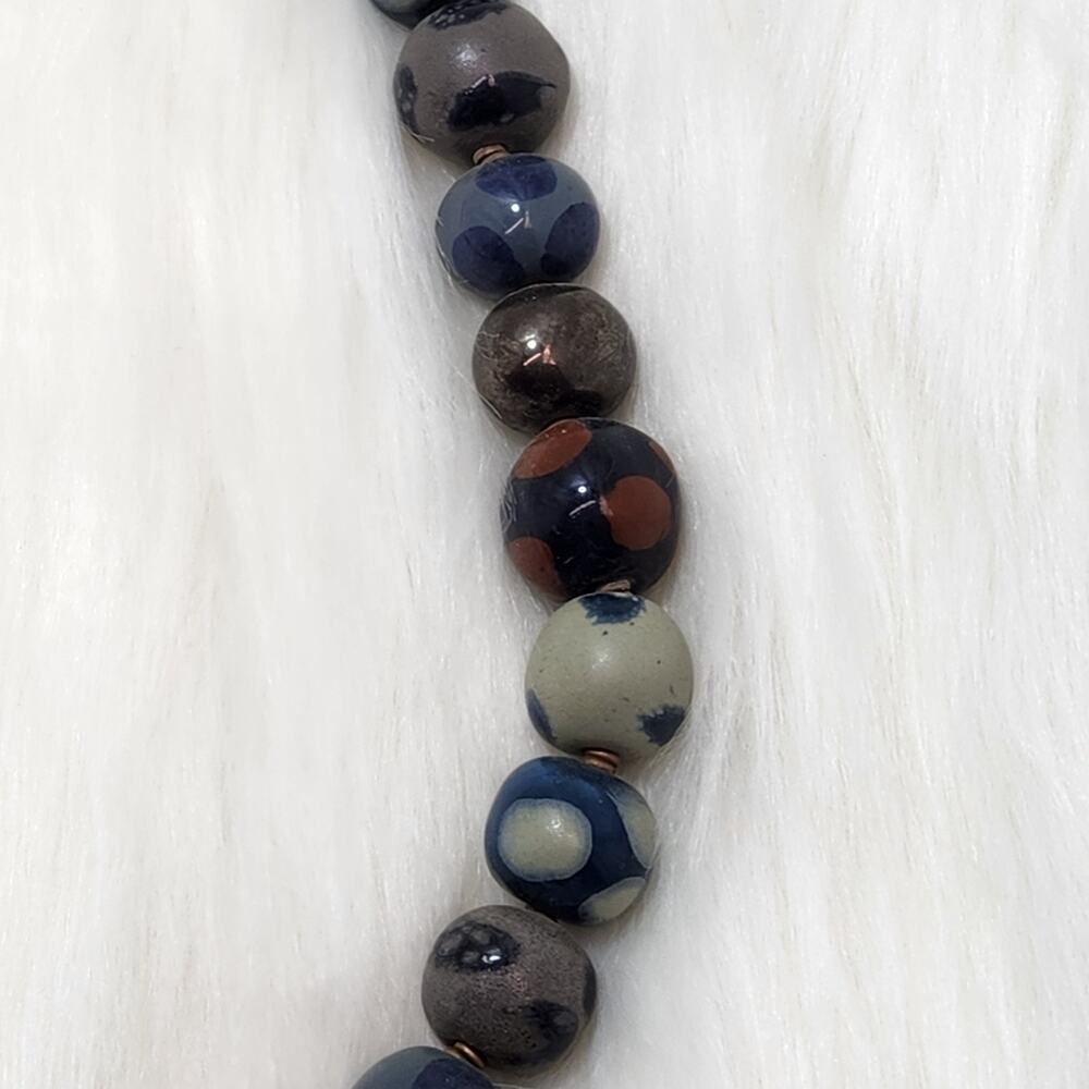 Blue & Gray Ceramic Beaded Necklace | Handmade Vintage Jewelry - Picture 3 of 6
